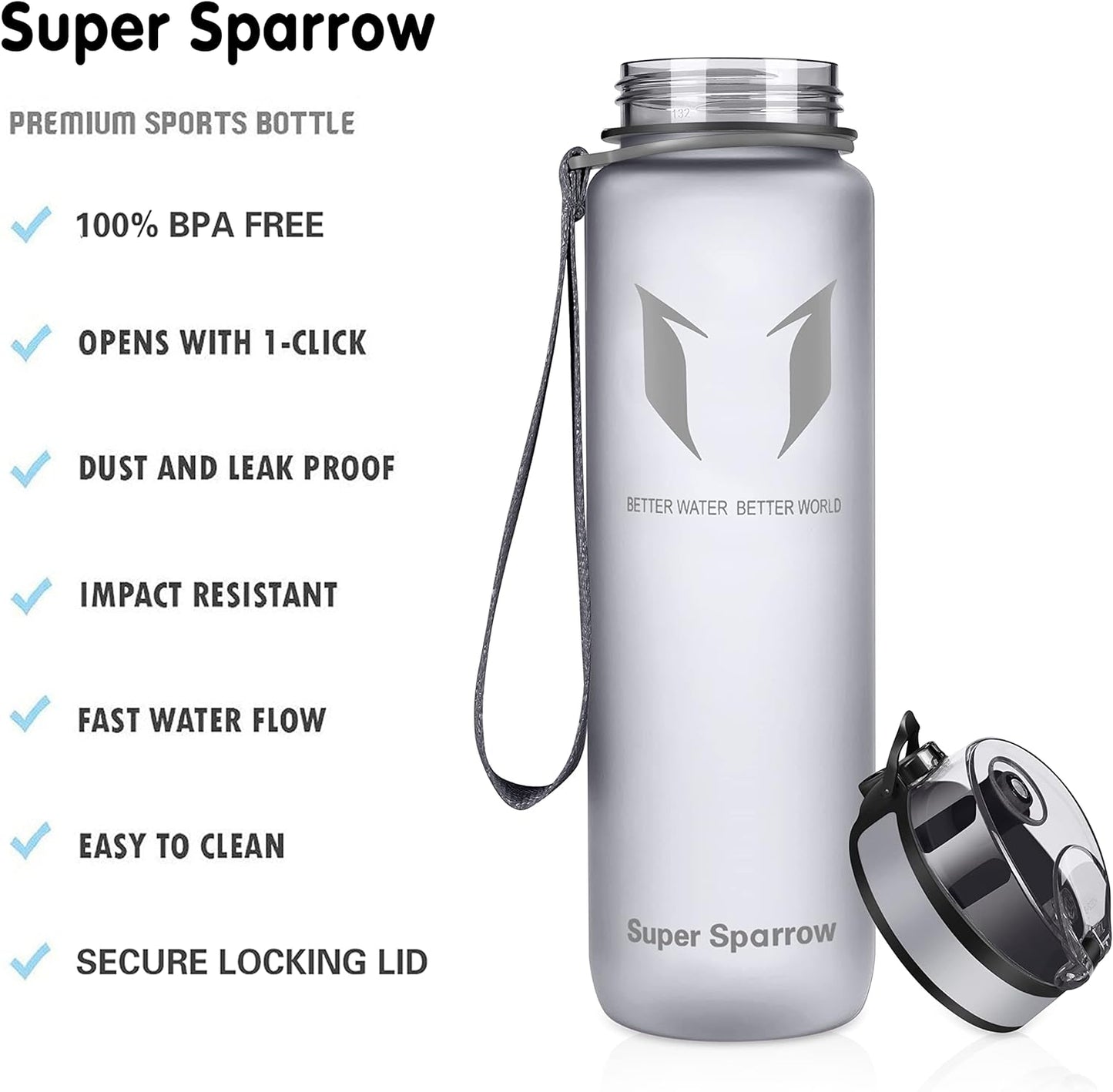 Super Sparrow Water Bottle - 12 Oz/17 Oz/25 Oz/32 Oz - BPA Free Tritan Water Bottles - One Touch Opening - Leak-Proof Plastic Bottle - Kids Water Bottle for Office, Gym, Outdoor, Sports